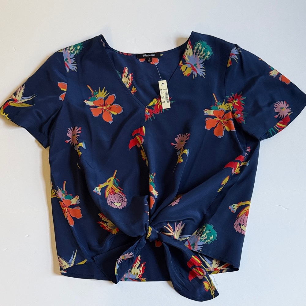 Madewell Navy Floral Print Knot Blouse